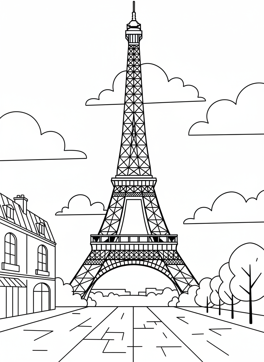 The Eiffel Tower standing tall in Paris with clouds in the background, simple line art with clear geometric structure perfect for coloring.