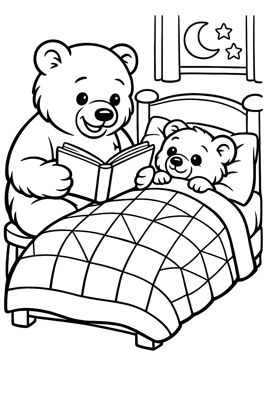 Bedtime Story: A parent bear reading a book to a baby bear tucked into bed under a patchwork quilt.