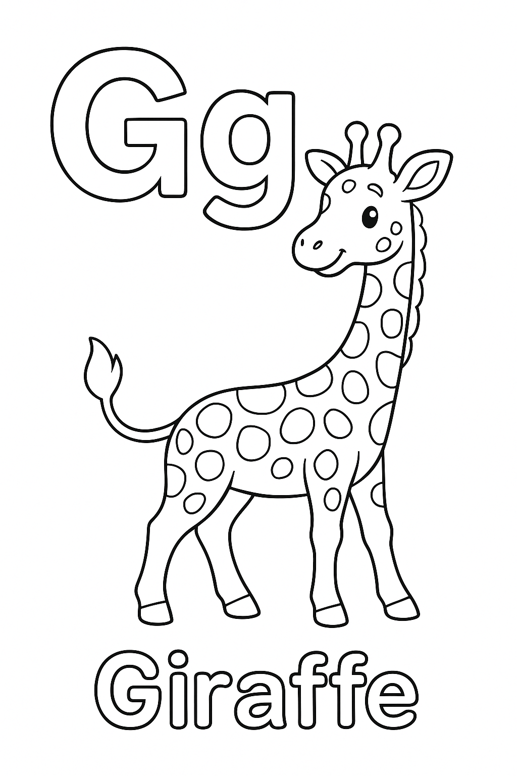 The uppercase letter “G” next to the lowercase letter “g”. With a giraffe image under the letters. Write out the object “Giraffe”.