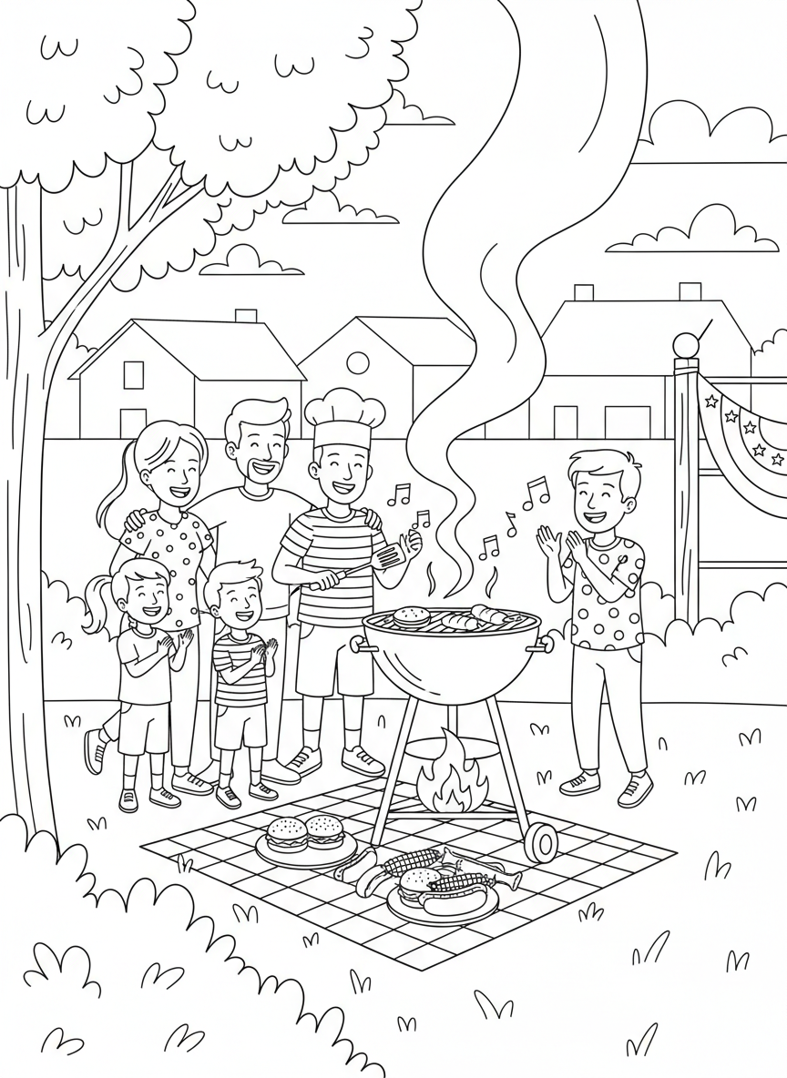 Memorial Day BBQ coloring page prompts highlighting backyard gatherings, grilling traditions, and the start of summer.	Friends laughing together near the grill as smoke rises and music plays softly.