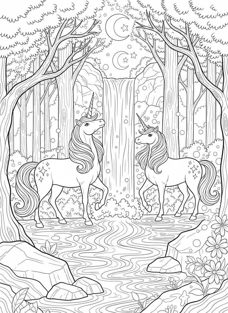 Two unicorns standing by a magical waterfall in an enchanted forest, with sparkles and stars around them.