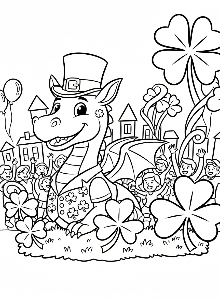 A parade float shaped like a friendly dragon wearing a green vest and top hat, surrounded by shamrock decorations.