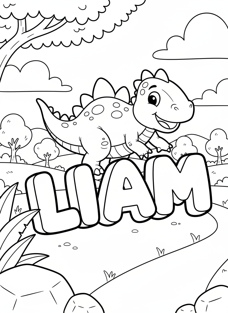The name LIAM in chunky 3D letters with a playful dinosaur climbing on the letters, simple coloring page design