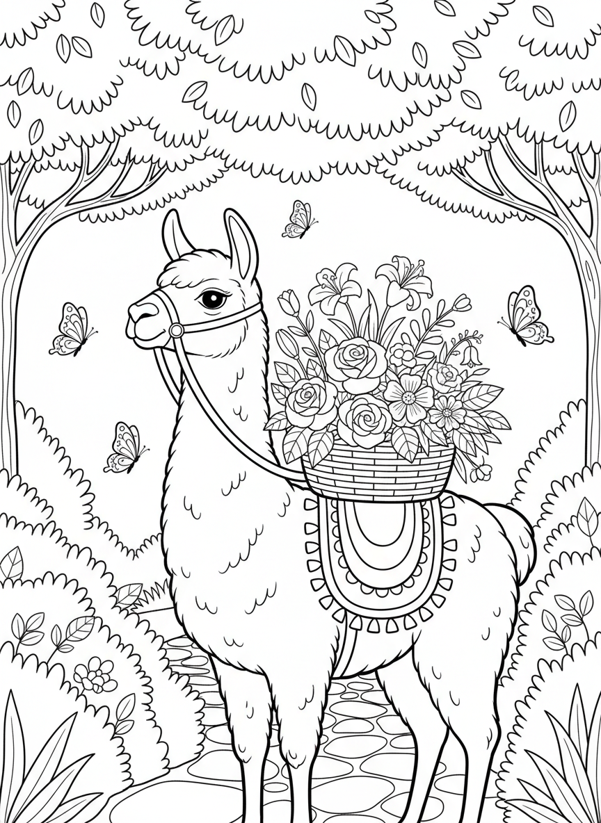 A llama carrying a basket of flowers on its back, walking through a garden with butterflies around it.