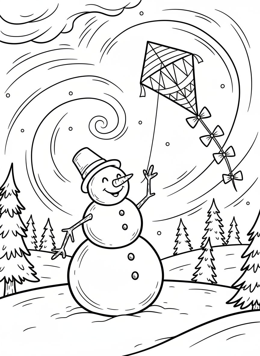 A snowman flying a colorful kite in a winter sky, holding the string with stick arms as the kite soars above snowy hills.
