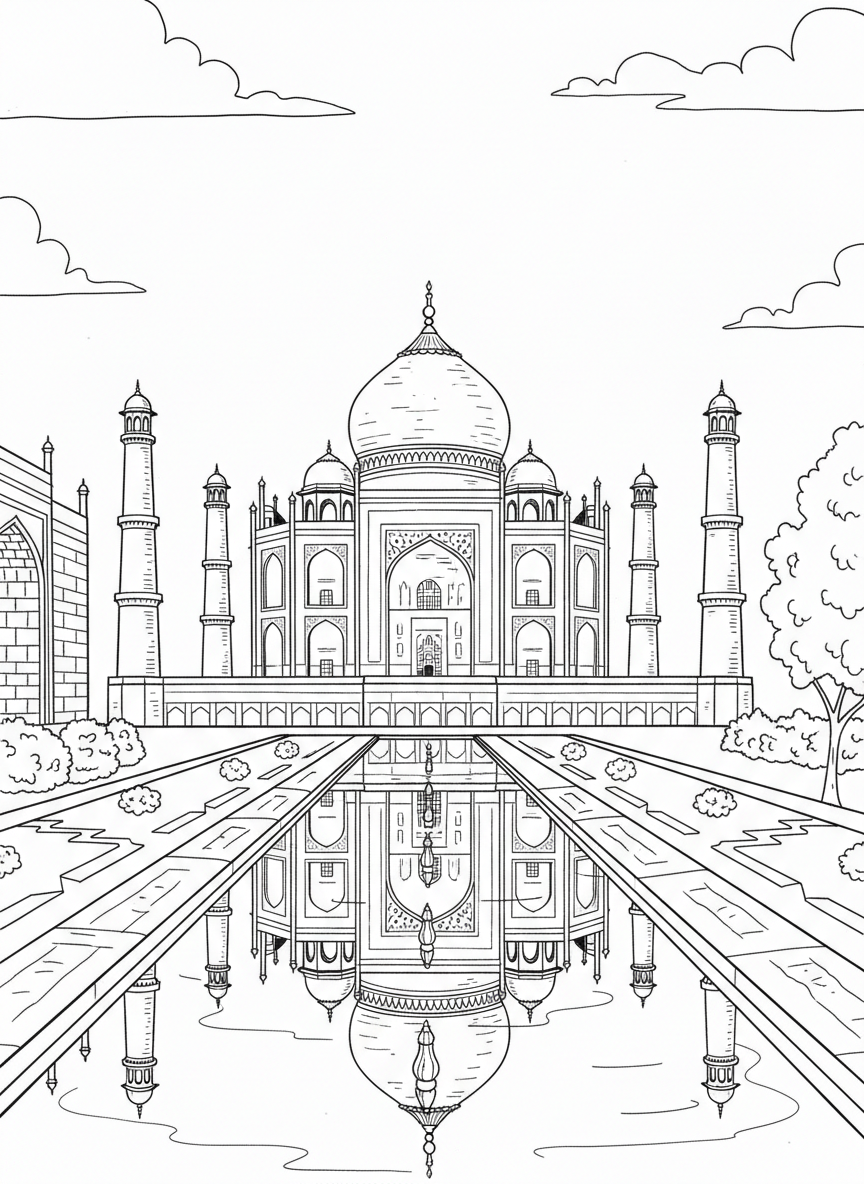 The Taj Mahal with its grand dome and minarets reflected in a long rectangular pool with gardens on both sides.