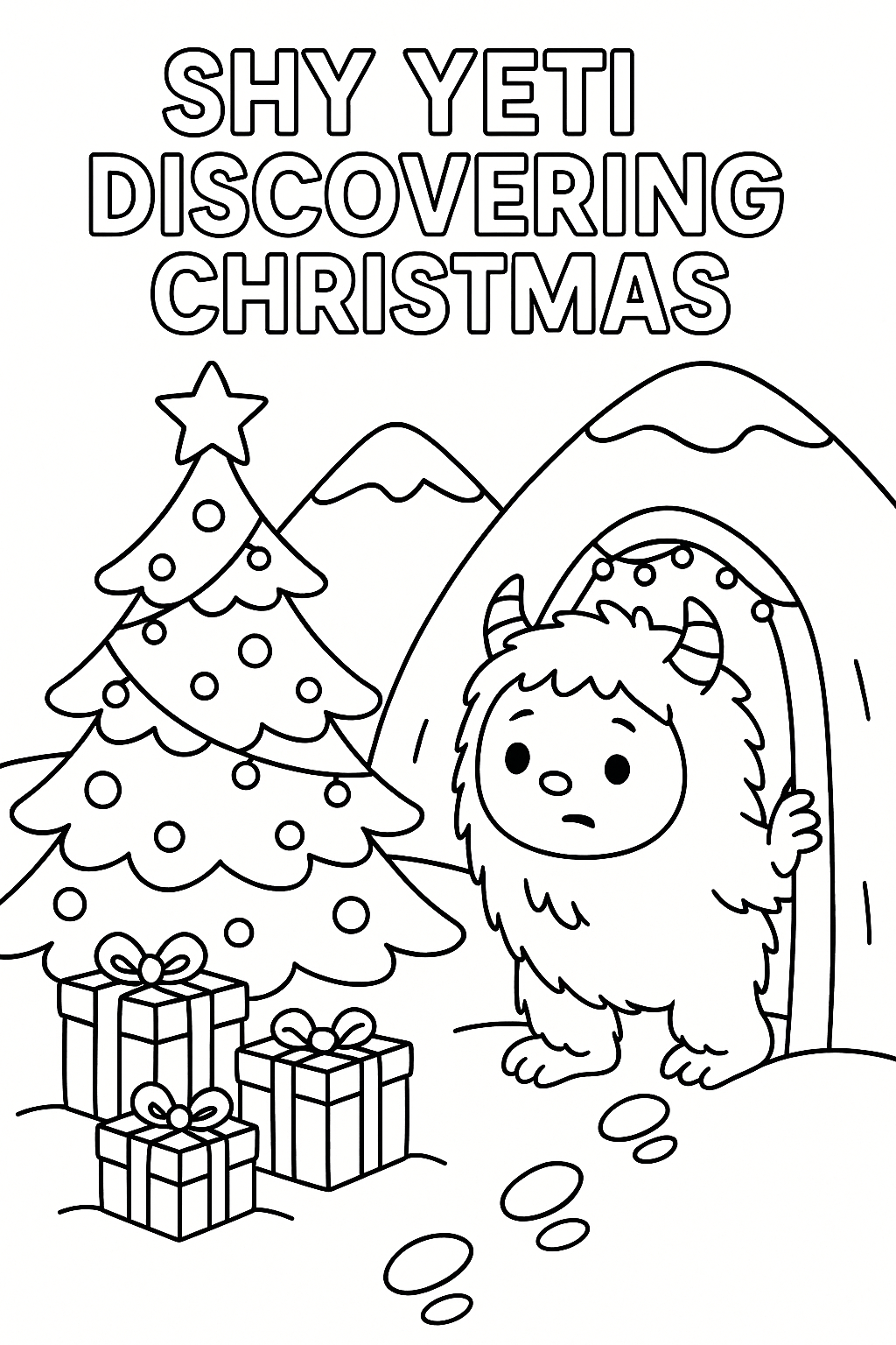 Shy yeti discovering Christmas, peeking at decorated tree, footprints in snow, curious about presents, mountain cave home with lights, thick line art, adorable monster holiday