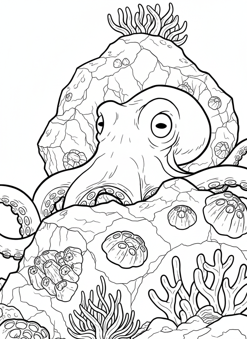 Close-up of an octopus peeking out from behind a large rock with curious eyes, surrounded by barnacles and sea anemones