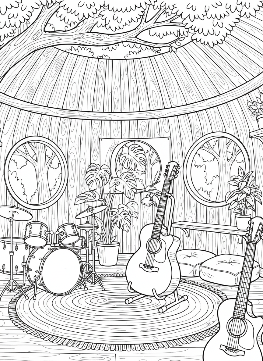 Treehouse music corner featuring a guitar on a stand, drums, and a cozy rug in a circular room.