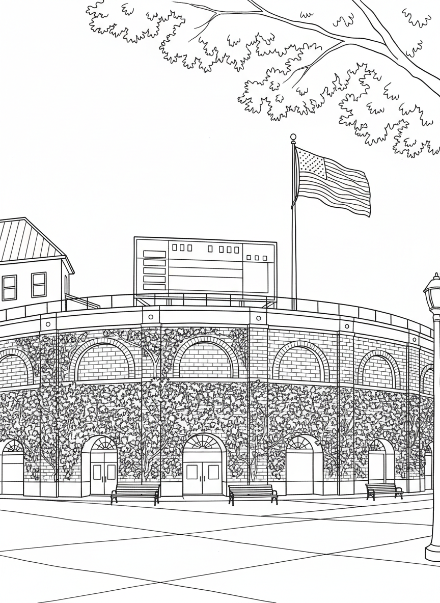 Wrigley Field baseball stadium exterior with ivy-covered walls and scoreboard, simple architectural details and flag