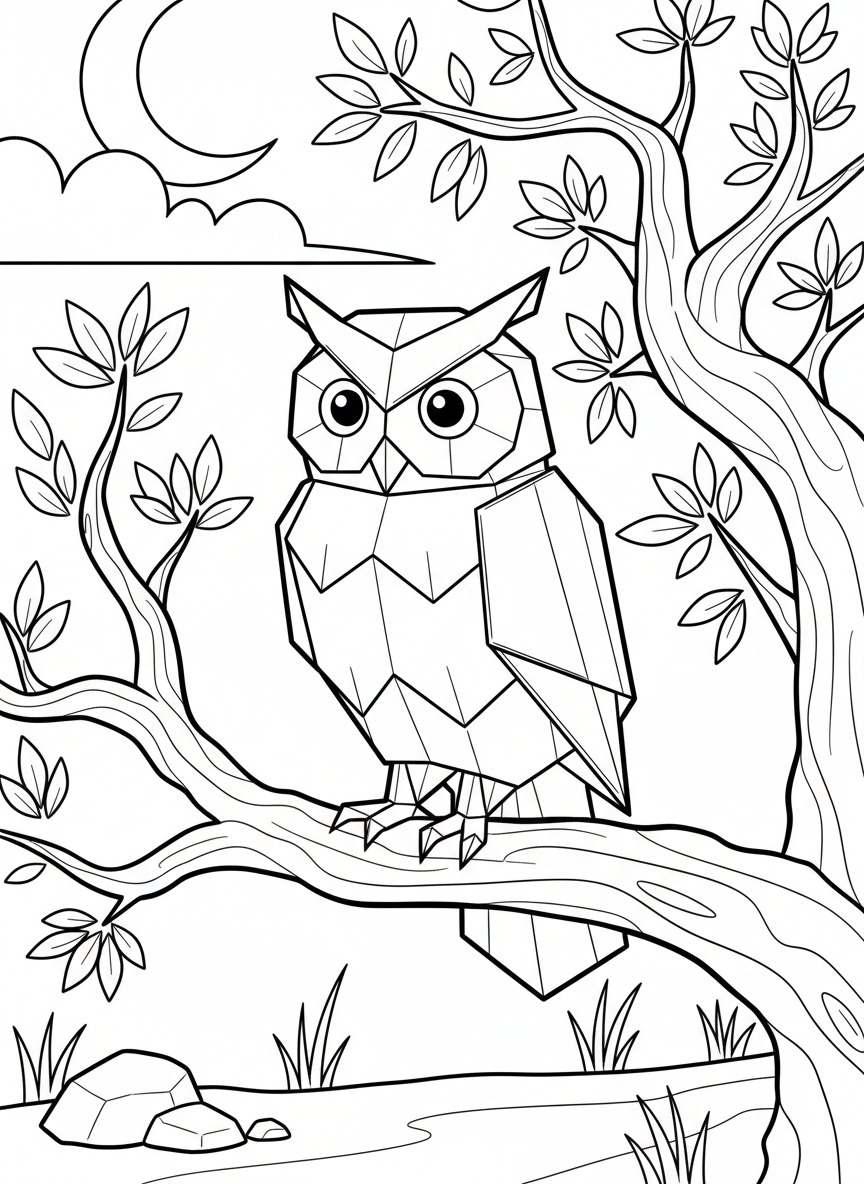 An origami owl sitting on a tree branch at night, with folded ear tufts, large round eyes, and a crescent moon behind.