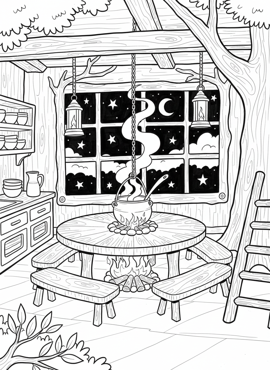 Nighttime treehouse kitchen scene with lanterns hanging, a pot of soup simmering, and stars visible through the window.