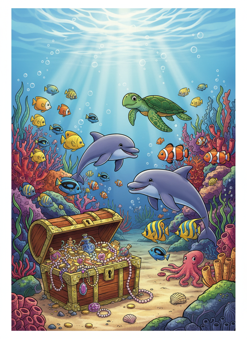 Underwater adventure coloring book cover, full-color illustration with smiling dolphins, colorful fish, and a treasure chest on the seafloor. Title-safe area at top.