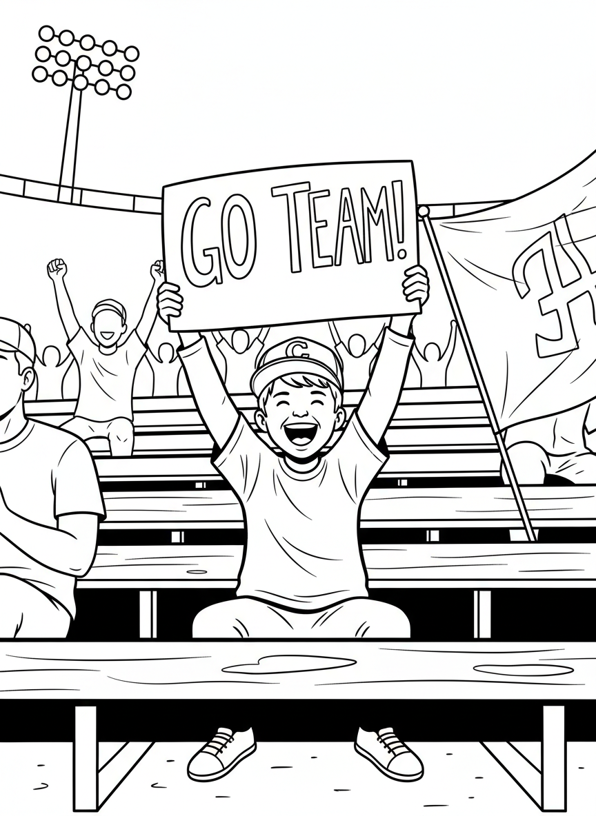 A young fan holding a homemade sign cheering for their team, wearing a cap and sitting in stadium bleachers with a big smile.