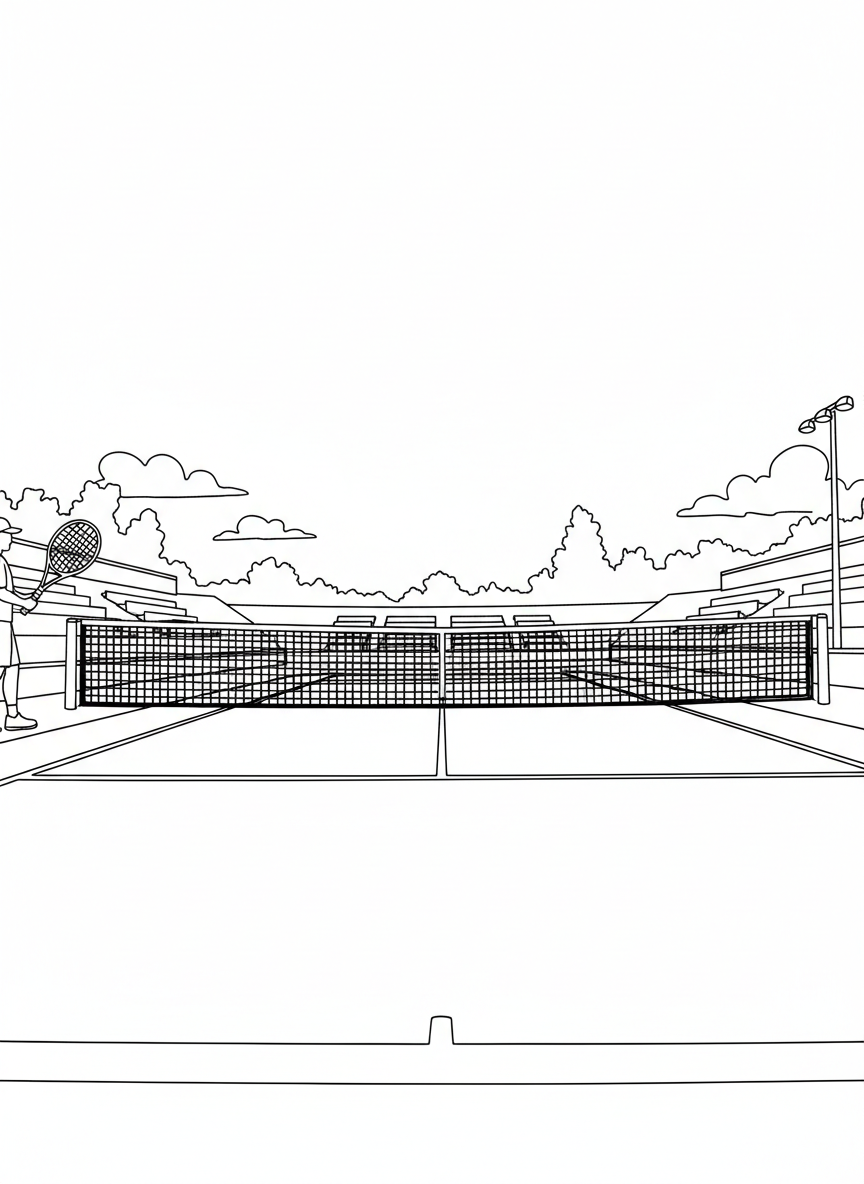 An overhead view of the tennis court showing the service boxes, center line, and net from above.