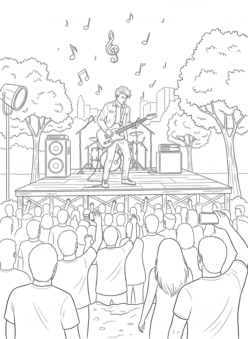 A live music scene showing a guitar player on an outdoor stage with musical notes floating in the air, audience silhouettes in front