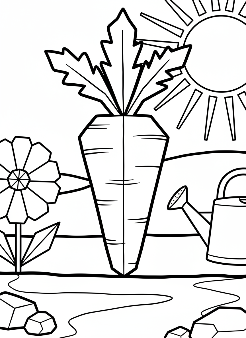 An origami carrot with zigzag paper folds creating the vegetable body and leafy paper tops sprouting from the end, simple line art