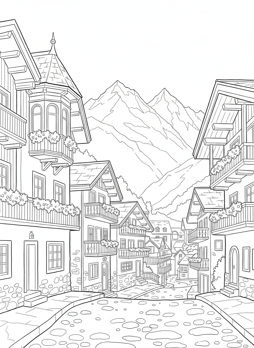 A scenic mountain village with colorful buildings, winding streets, flower-filled balconies, and snow-capped peaks in the distance.