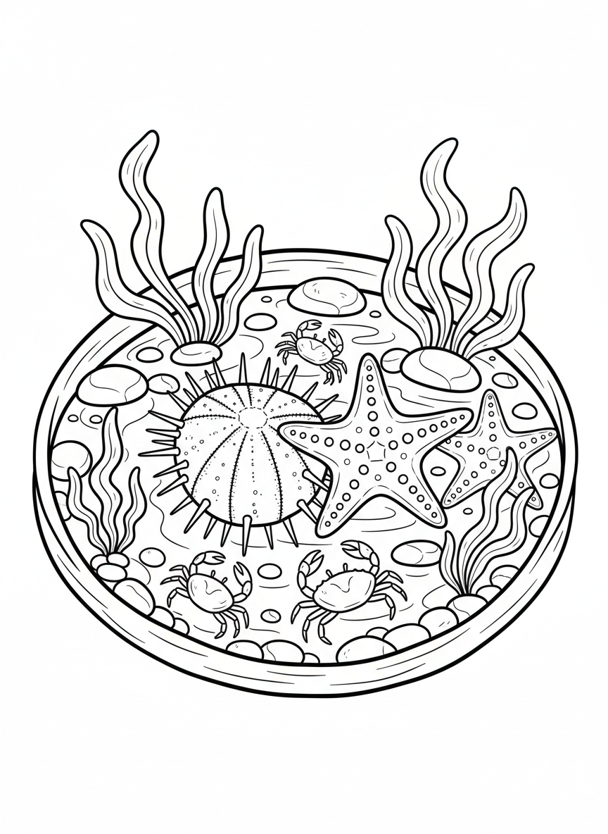 A sea urchin and starfish meeting at the center of a tide pool, surrounded by seaweed, small crabs, and scattered pebbles.