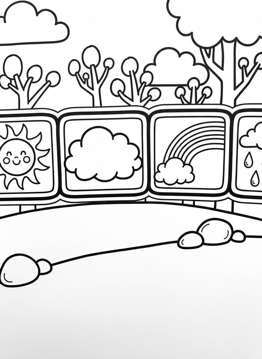 Four small square stickers showing different weather icons: a smiling sun, fluffy cloud, rainbow, and raindrops with simple line art