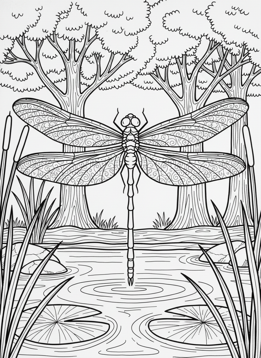 A dragonfly hovering over a pond with intricate lace-like wings and a long slender body.