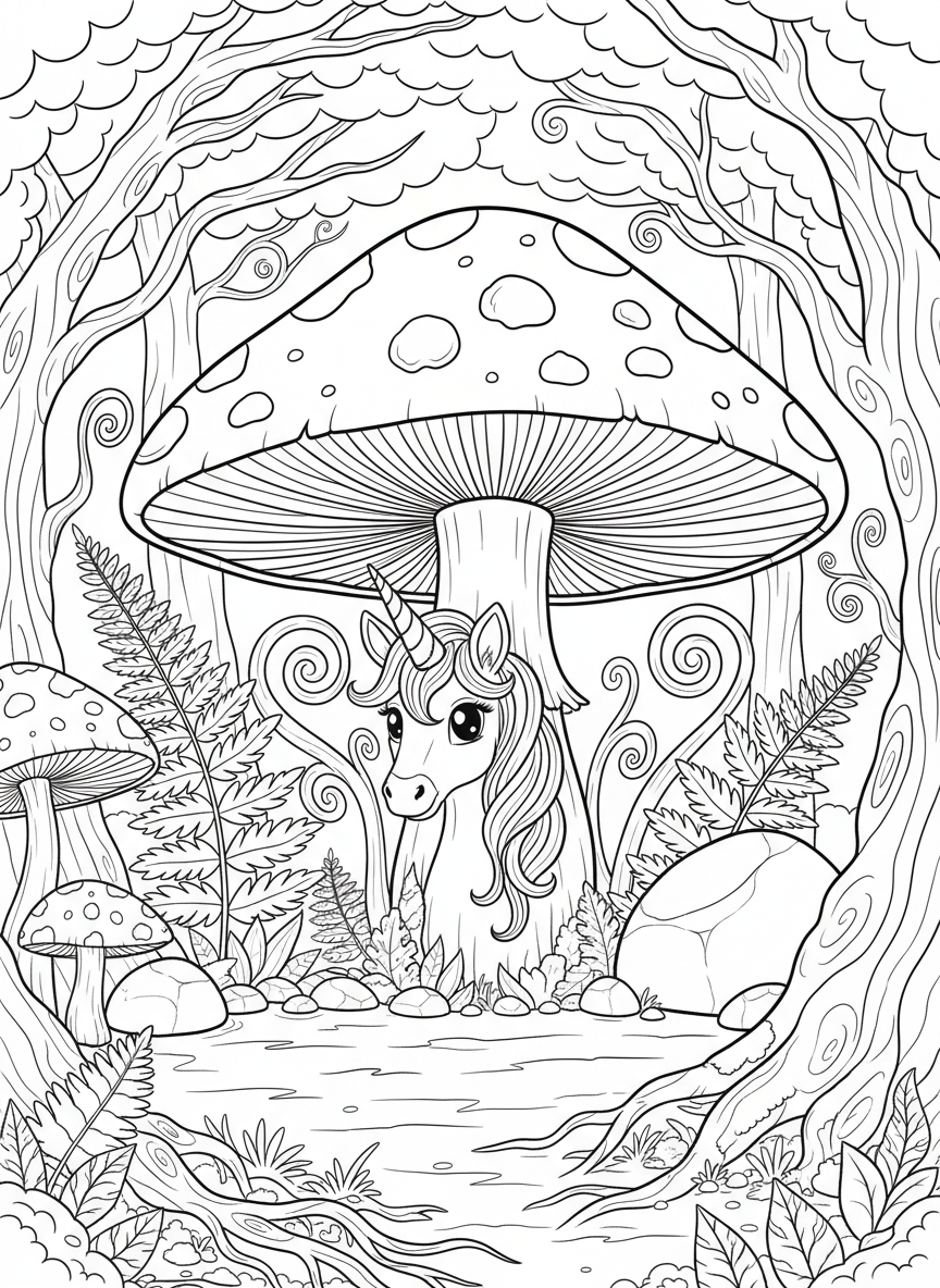 A tiny unicorn peeking out from behind a large toadstool mushroom, enchanted forest setting with ferns