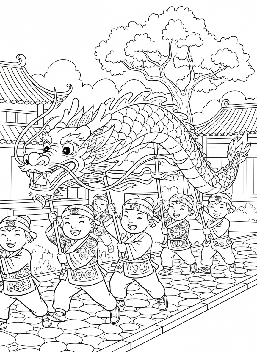 A cheerful dancing dragon with flowing scales and ribbons, held up by children in traditional clothing, simple line art for coloring