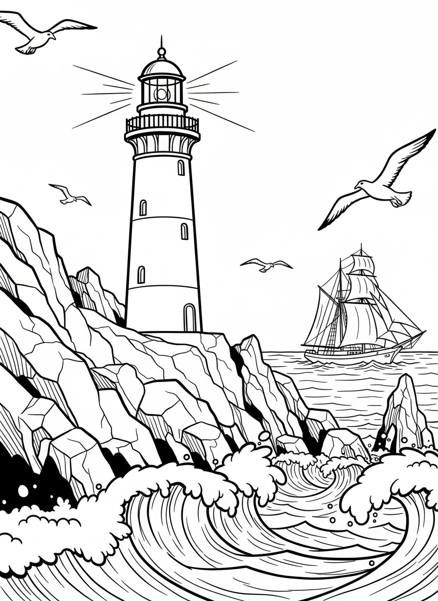 A lighthouse on a rocky coast with seagulls flying around and a sailboat in the distance