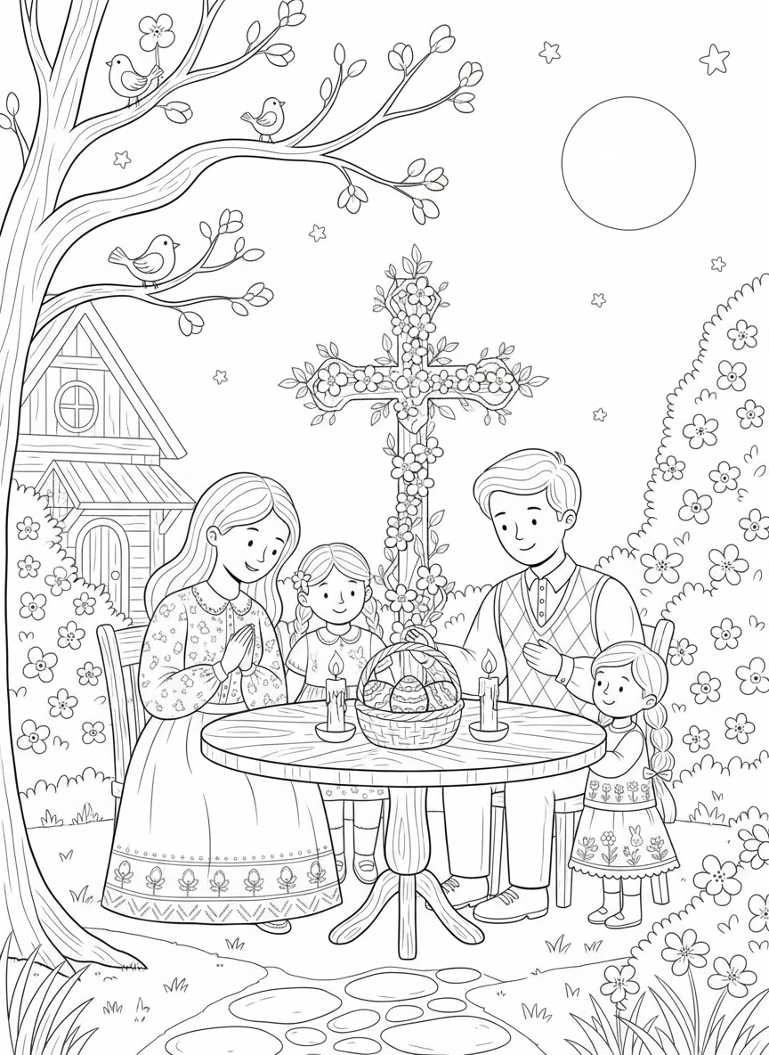 Easter coloring page prompts celebrating springtime, renewal, family gatherings, and seasonal joy.	An evening Easter scene with candles glowing softly and a calm sense of togetherness.