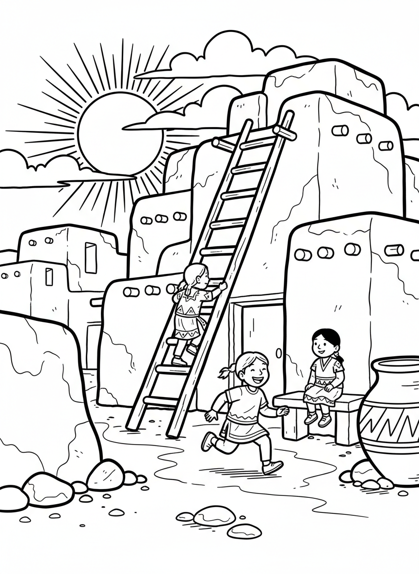 A pueblo village scene with adobe buildings, ladder, and children playing, simple southwestern landscape with sun and clouds above