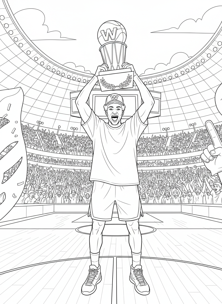 A basketball player wearing a championship cap and holding the trophy high above their head in celebration.