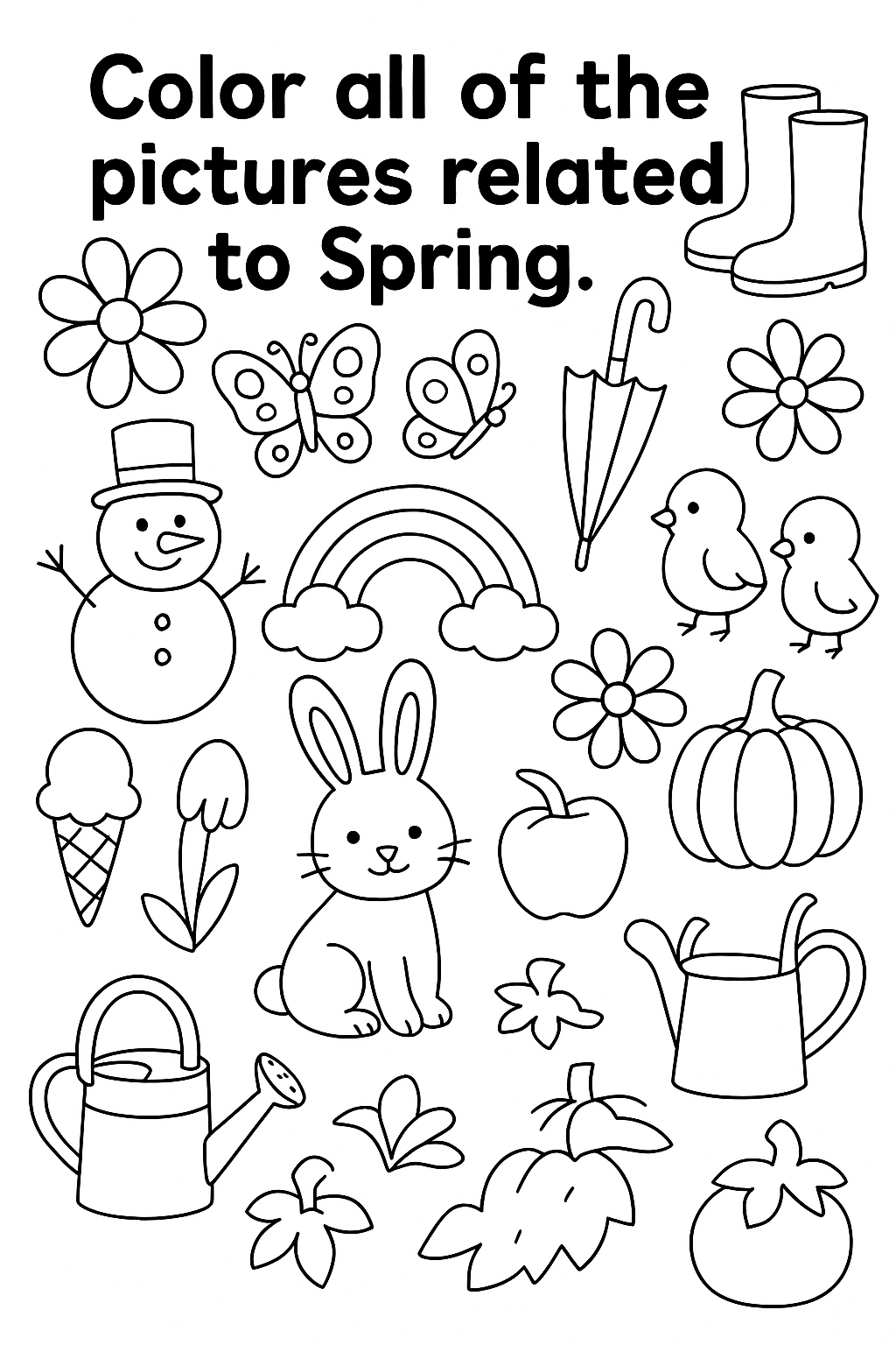 Write the text “Color all of the pictures related to Spring.” Include flowers, butterflies, rain boots, umbrella, rainbow, bunny, chicks, and watering can mixed with non-spring items like snowman, pumpkin, and ice cream. Scatter items randomly with simple outlined drawings.