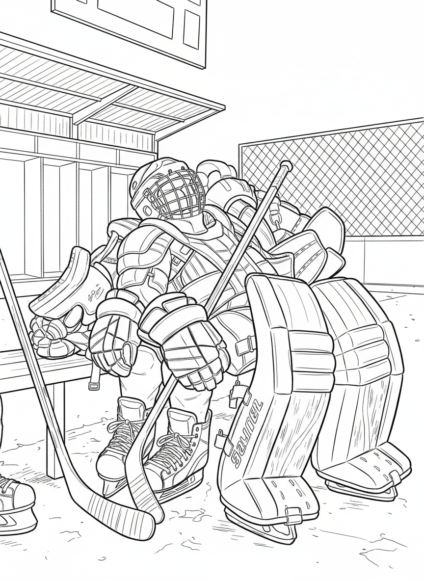 A pile of hockey equipment including gloves, helmet, stick, and pads, detailed arrangement for older kids