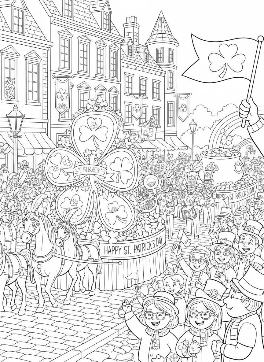 Saint Patrick Parade coloring page prompts featuring marching bands, festive floats, green costumes, and lively crowds.	Colorful floats covered in shamrocks and banners rolling past historic buildings while crowds wave and smile.