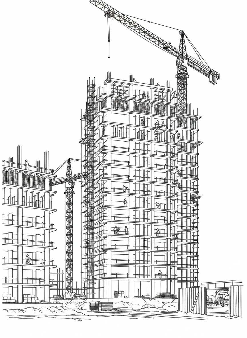 A tall building under construction with scaffolding on the sides, workers visible on different levels, architectural line art.