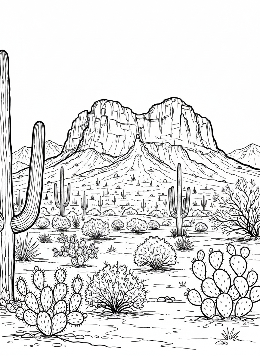 Camelback Mountain viewed from a distance with a desert foreground full of chollas, saguaros, and desert brush