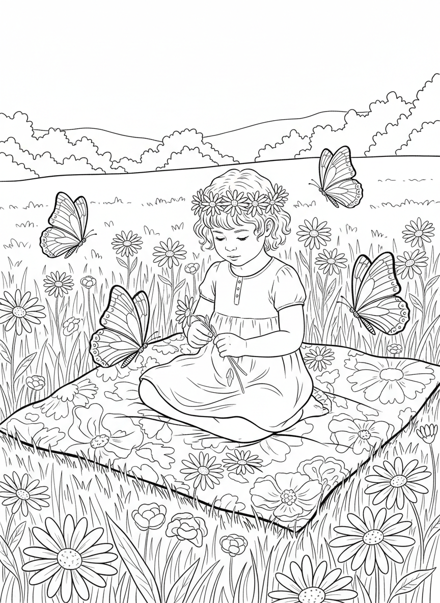 A child making a daisy chain flower crown while sitting on a blanket, with butterflies fluttering nearby in late summer.