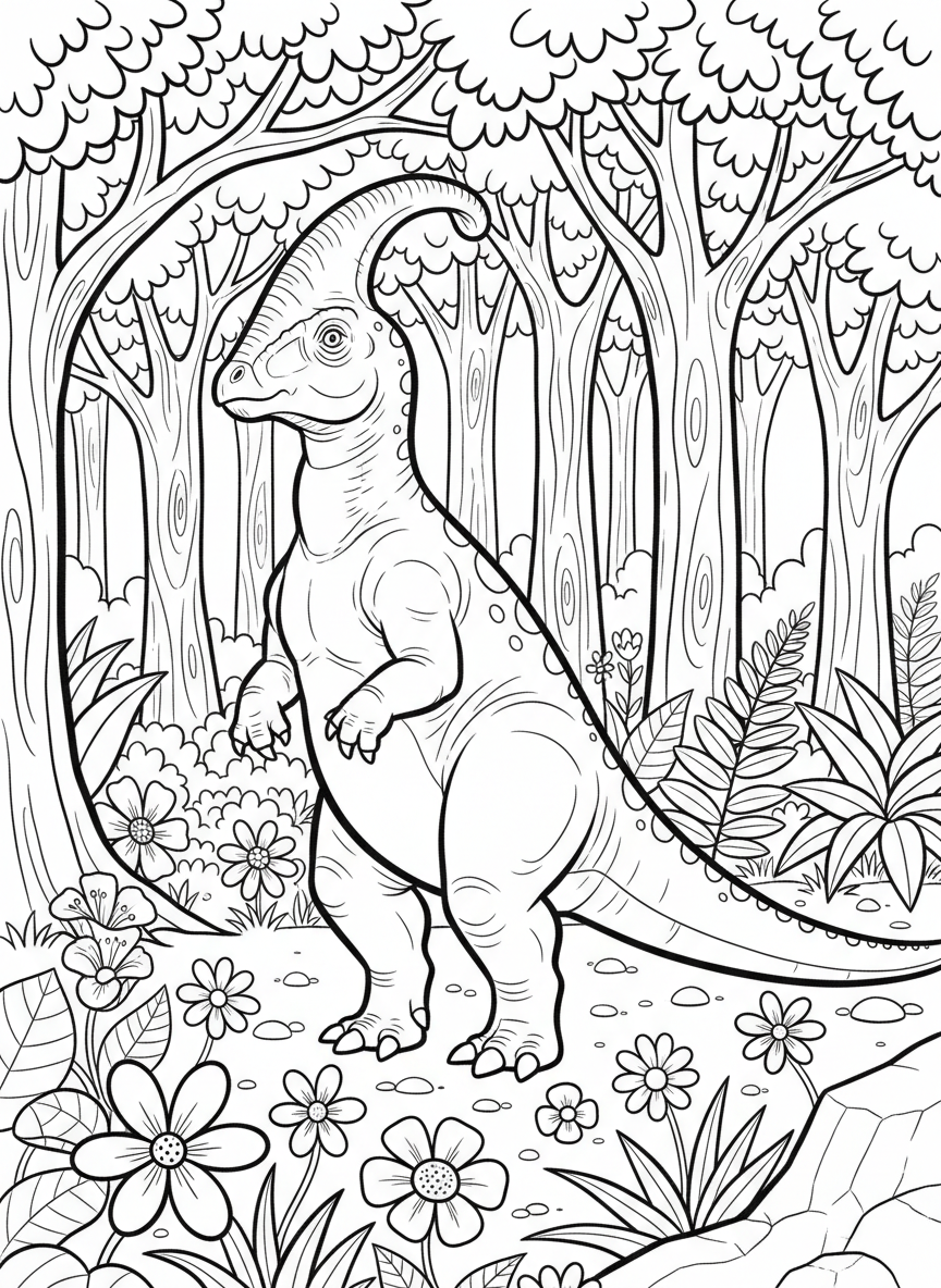A Parasaurolophus with a distinctive curved head crest, standing on two legs in a forest clearing with flowers.