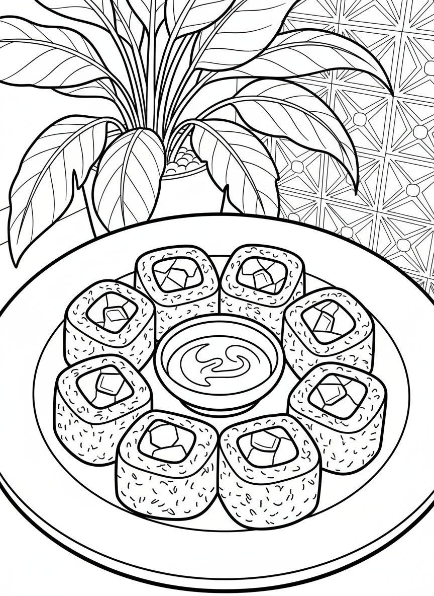 A California roll cut into eight pieces arranged in a circle on a round plate with soy sauce dish in the center