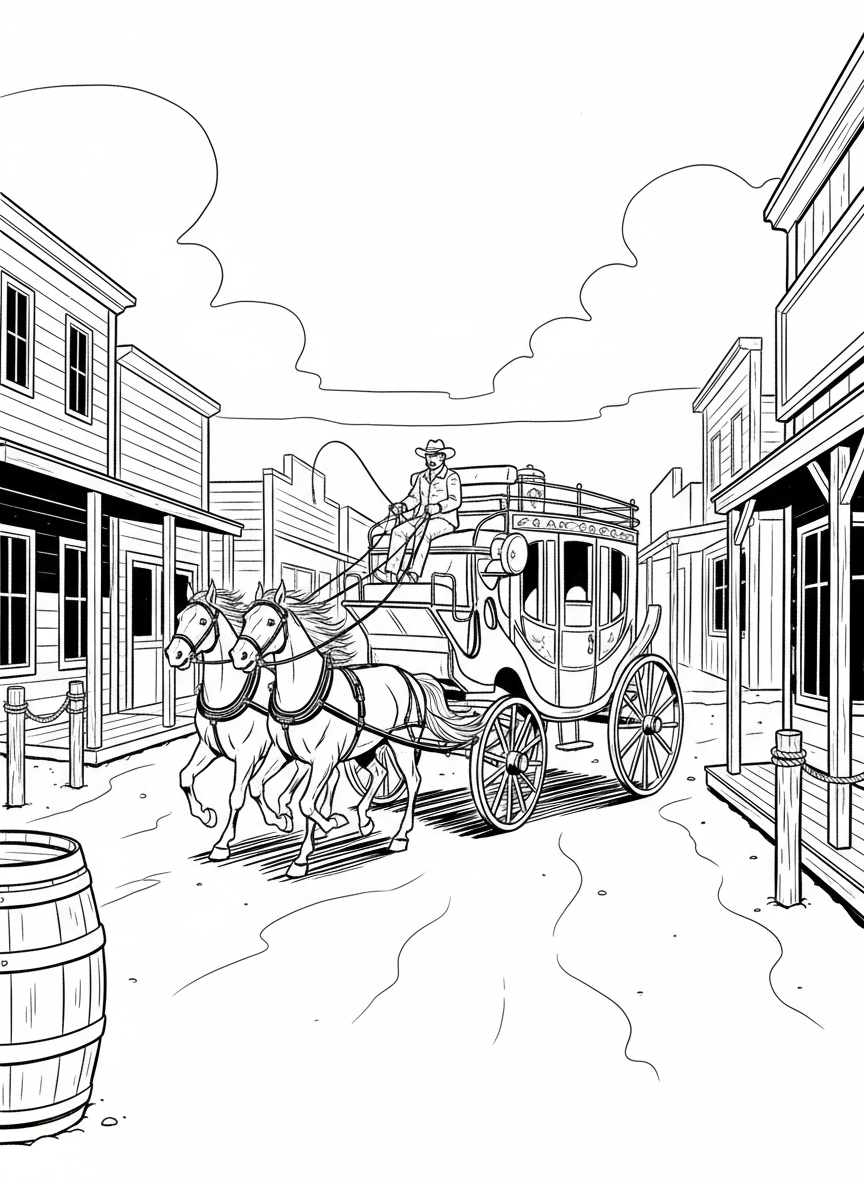 A stagecoach pulled by horses traveling through Old West Fort Worth, with wooden buildings and hitching posts along the street