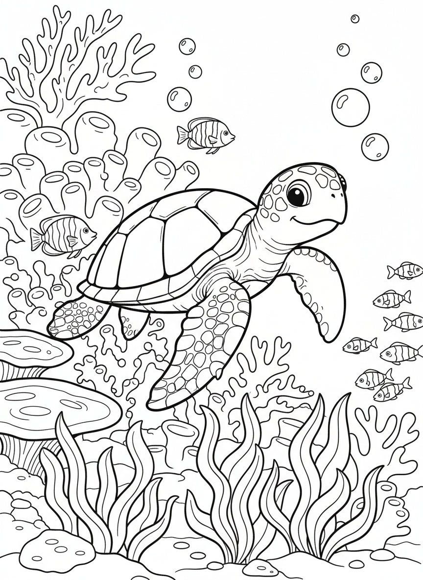A friendly sea turtle swimming through a coral reef with tropical fish, seaweed, and bubbles surrounding it in a peaceful underwater scene.