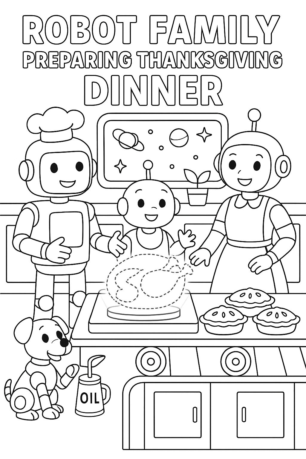 Robot family preparing thanksgiving dinner in futuristic kitchen, holographic turkey, conveyor belt with pies, mechanical pet dog begging for oil can treats