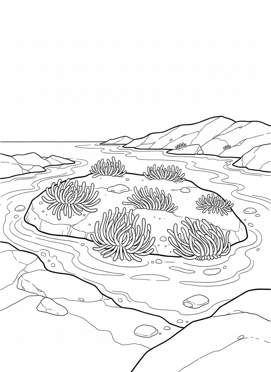 Wide tide pool scene showing multiple sea anemones with wavy tentacles attached to rocks, simple composition with gentle waves in background