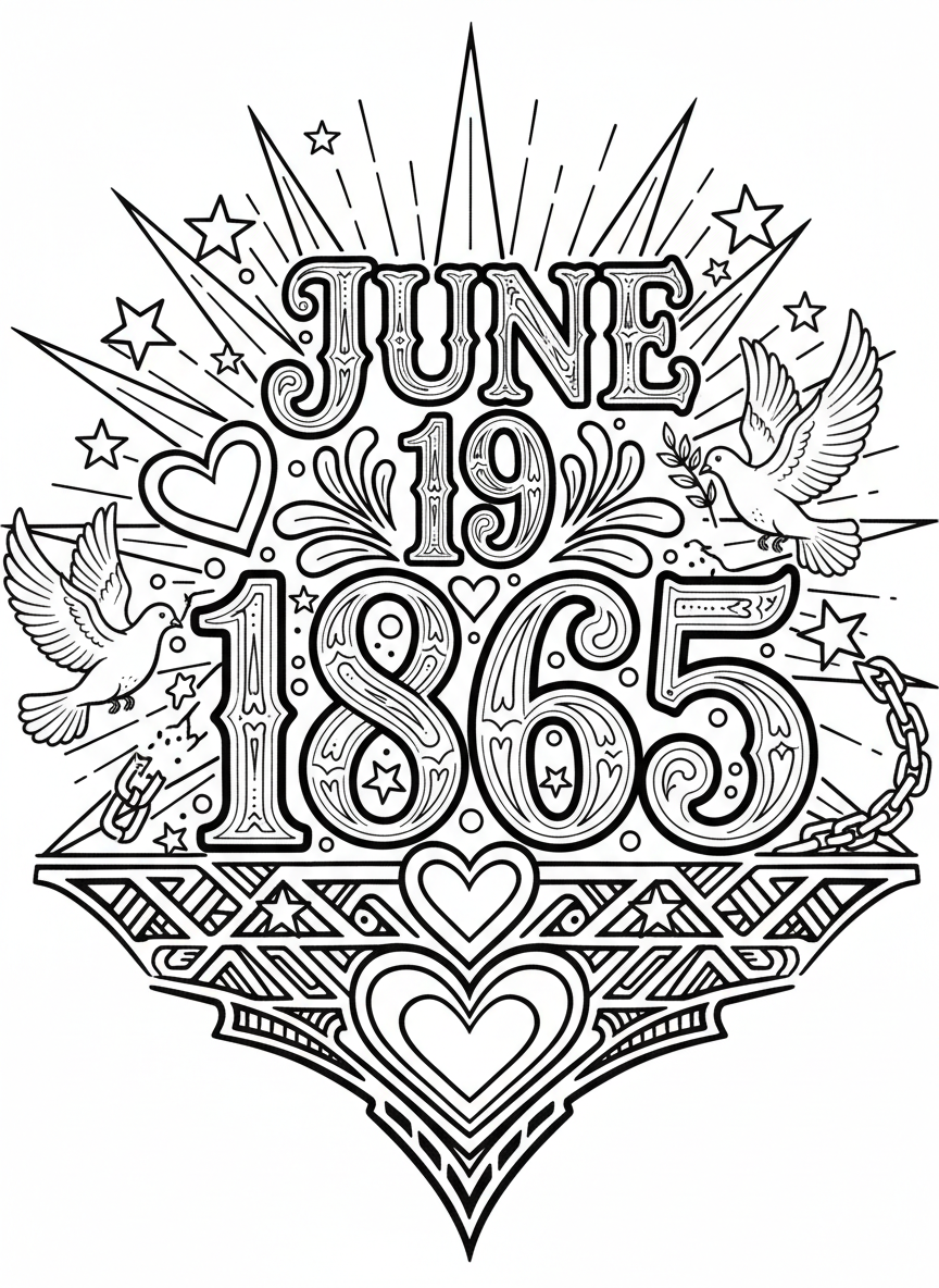 The date 'June 19, 1865' in decorative numbers surrounded by stars, hearts, and freedom symbols like doves