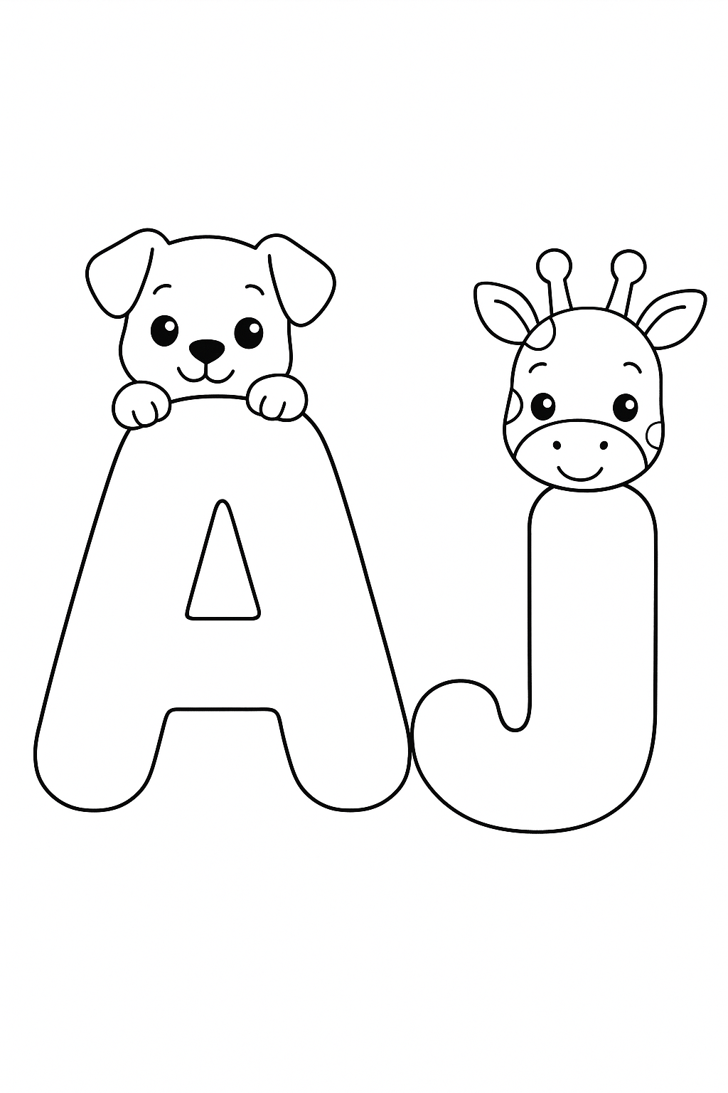 The name “Aj” in bubble letters with cartoon animals peeking out of each letter. make the name all on one line