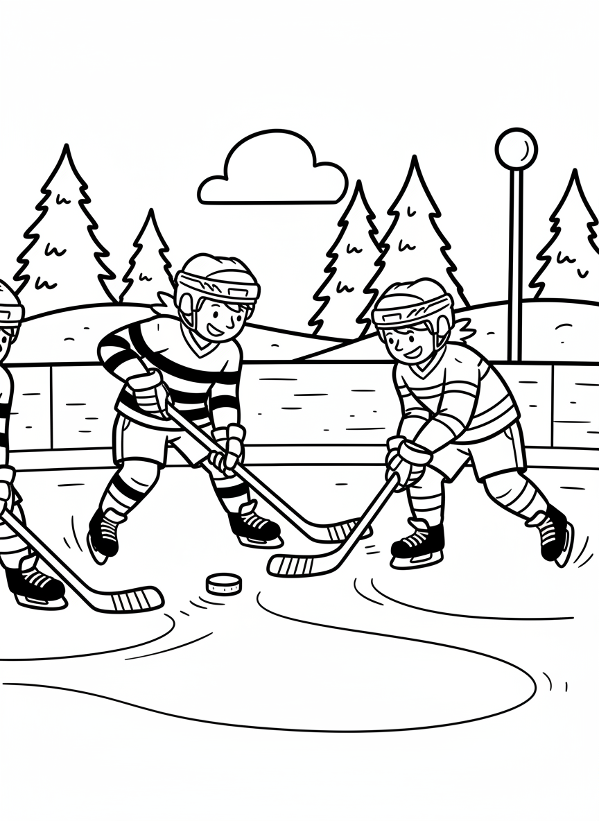 Two kids playing ice hockey together, passing the puck between their sticks on an outdoor rink