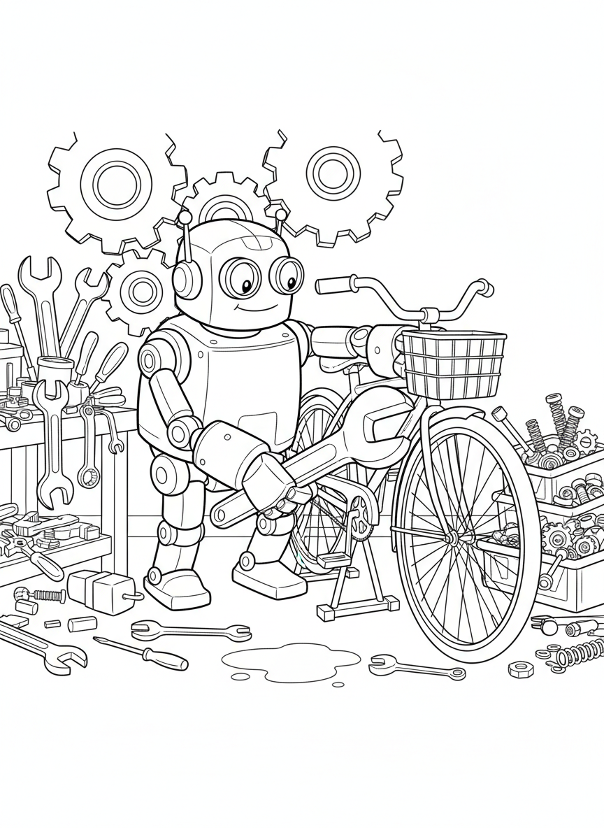 A friendly robot mechanic fixing a bicycle with various tools, surrounded by gears, wrenches, and spare parts in a workshop.