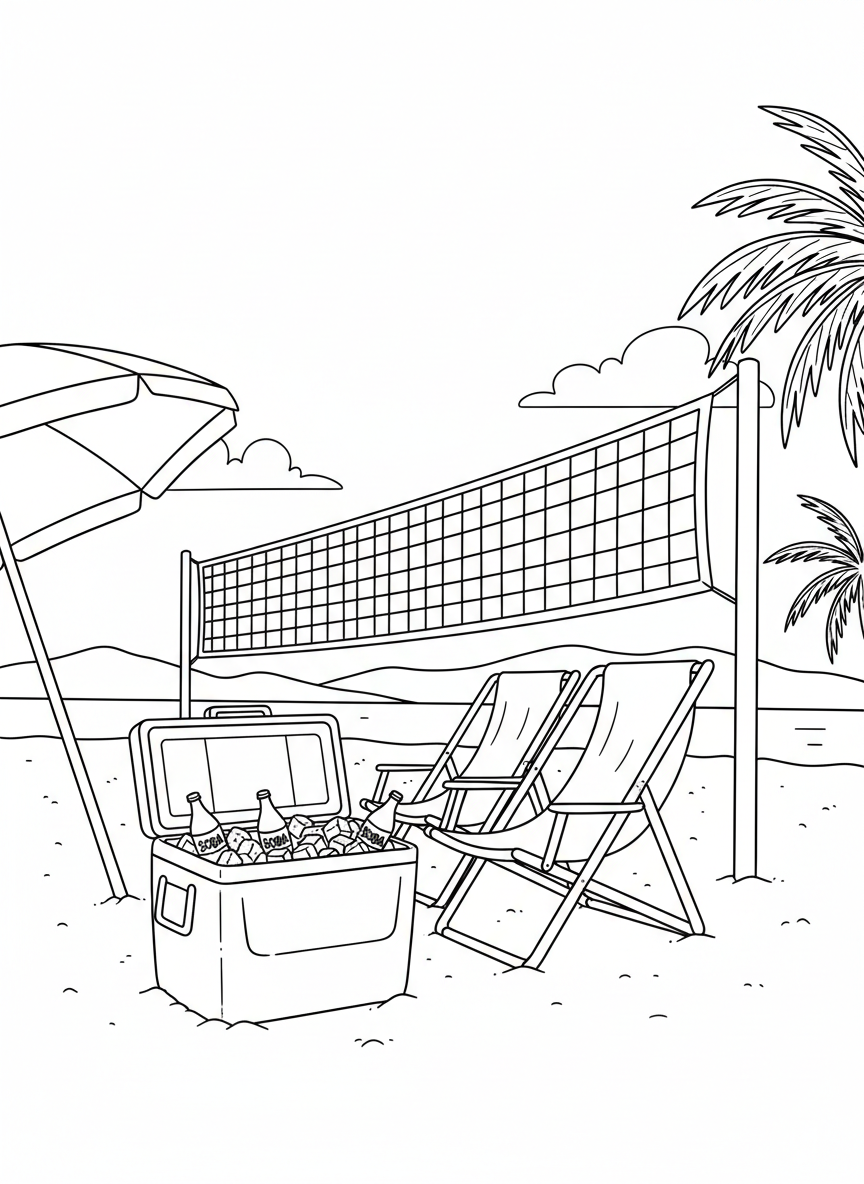 A cooler filled with ice and drinks next to folding chairs, with a volleyball net set up in the background.