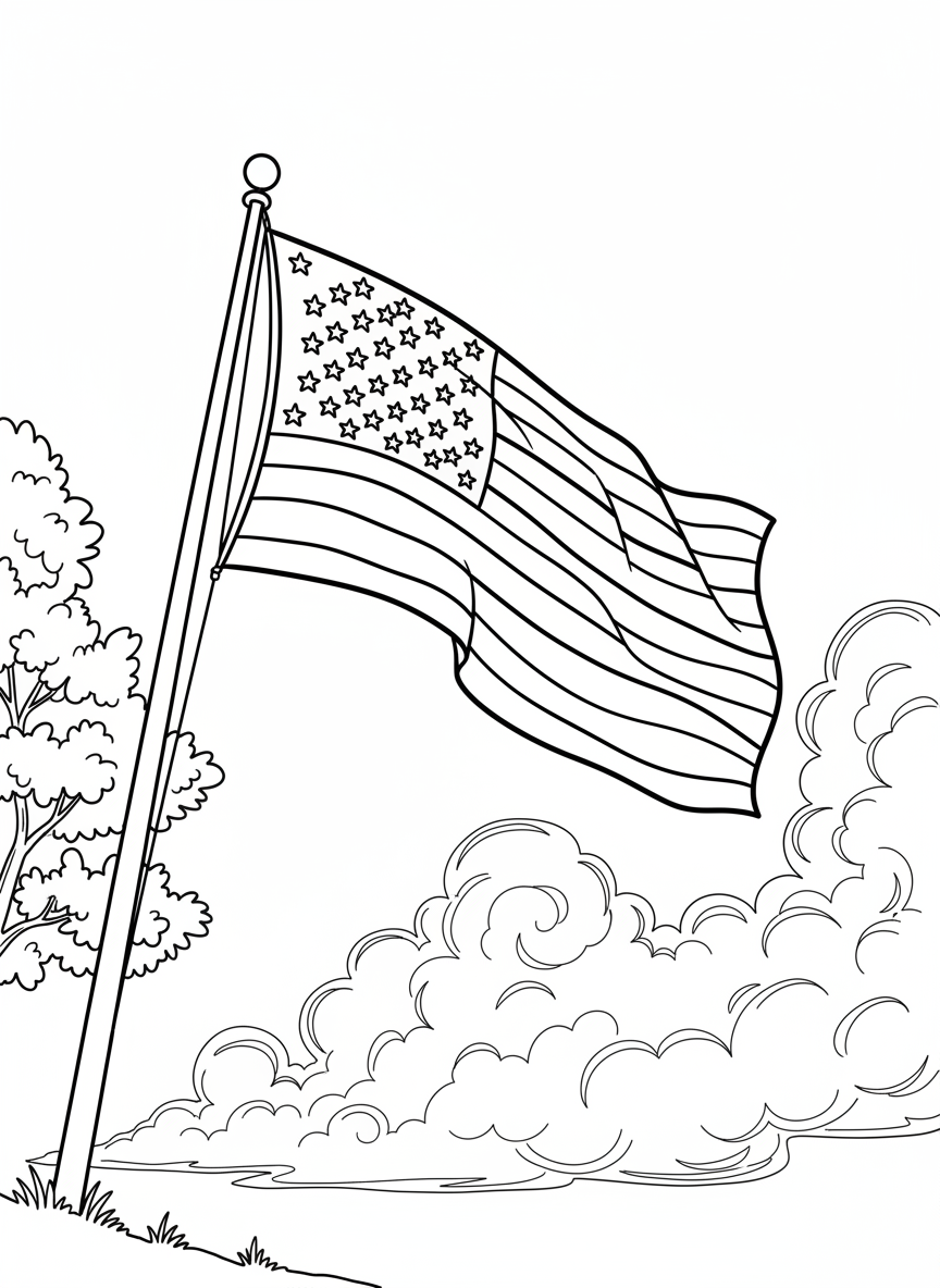 The American flag waving on a flagpole with clouds in the background, clear stripes and stars for detailed coloring.