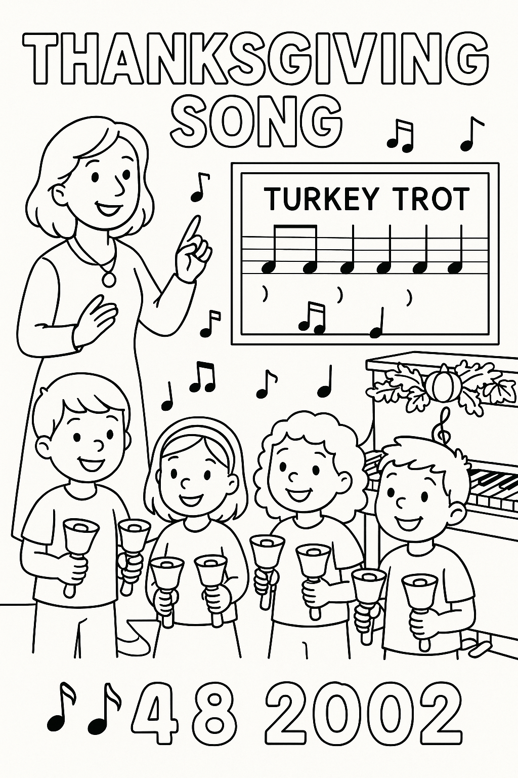 Music teacher leading thanksgiving song with children's handbell choir, musical instruments decorated with autumn ribbons, notes on board showing turkey trot rhythm, piano with fall garland